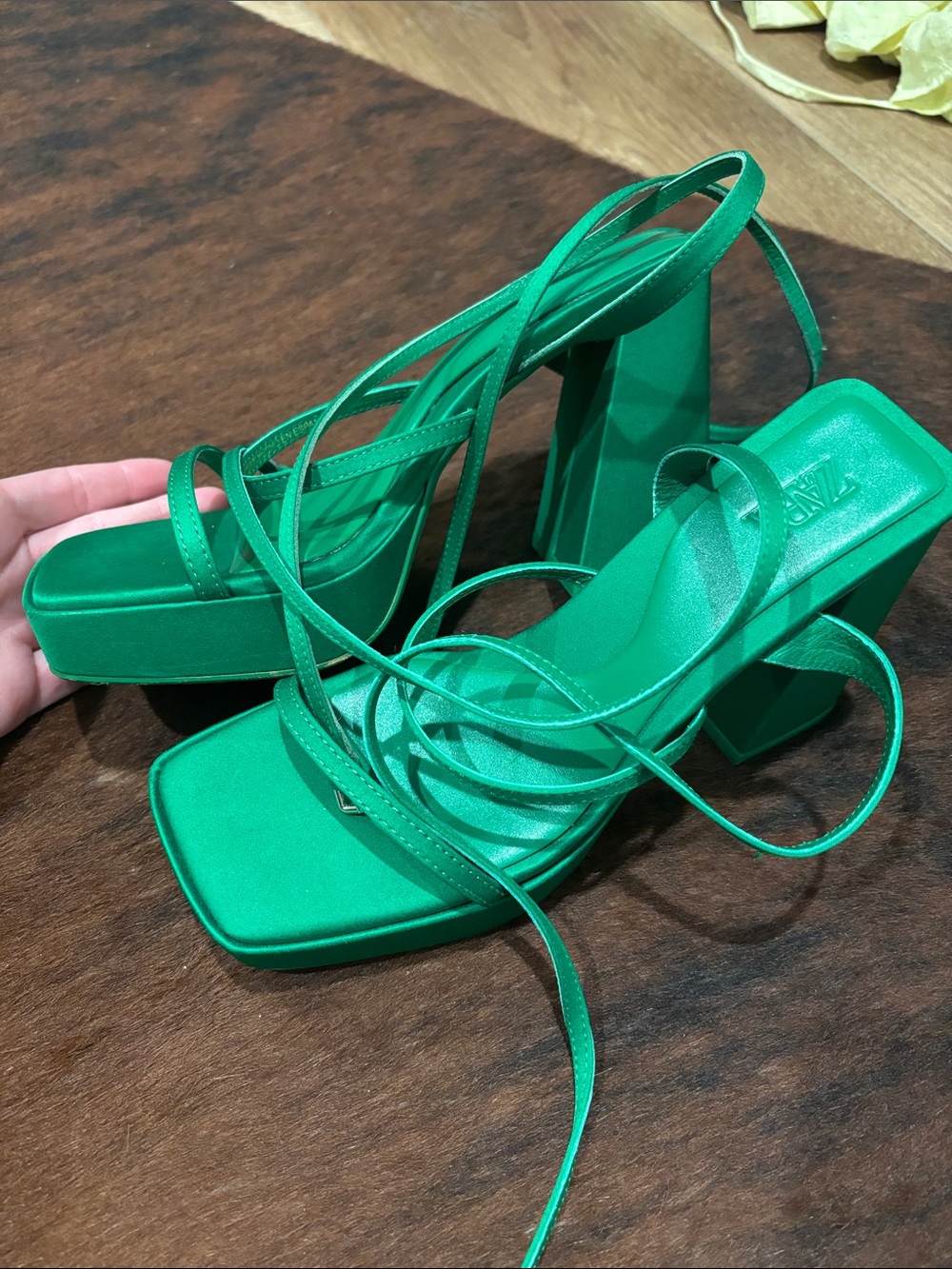 Zara Emerald Green Strappy Platform Block Heels